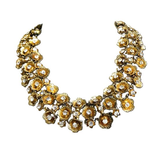 Necklace Gold Tone Floral Rhinestone Triple Stand Hollywood Glam Regency Adjusts - Picture 1 of 8